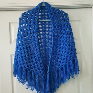 Blue Crochet Shawl with Fringe..handmade By Janet In USA...NEW!